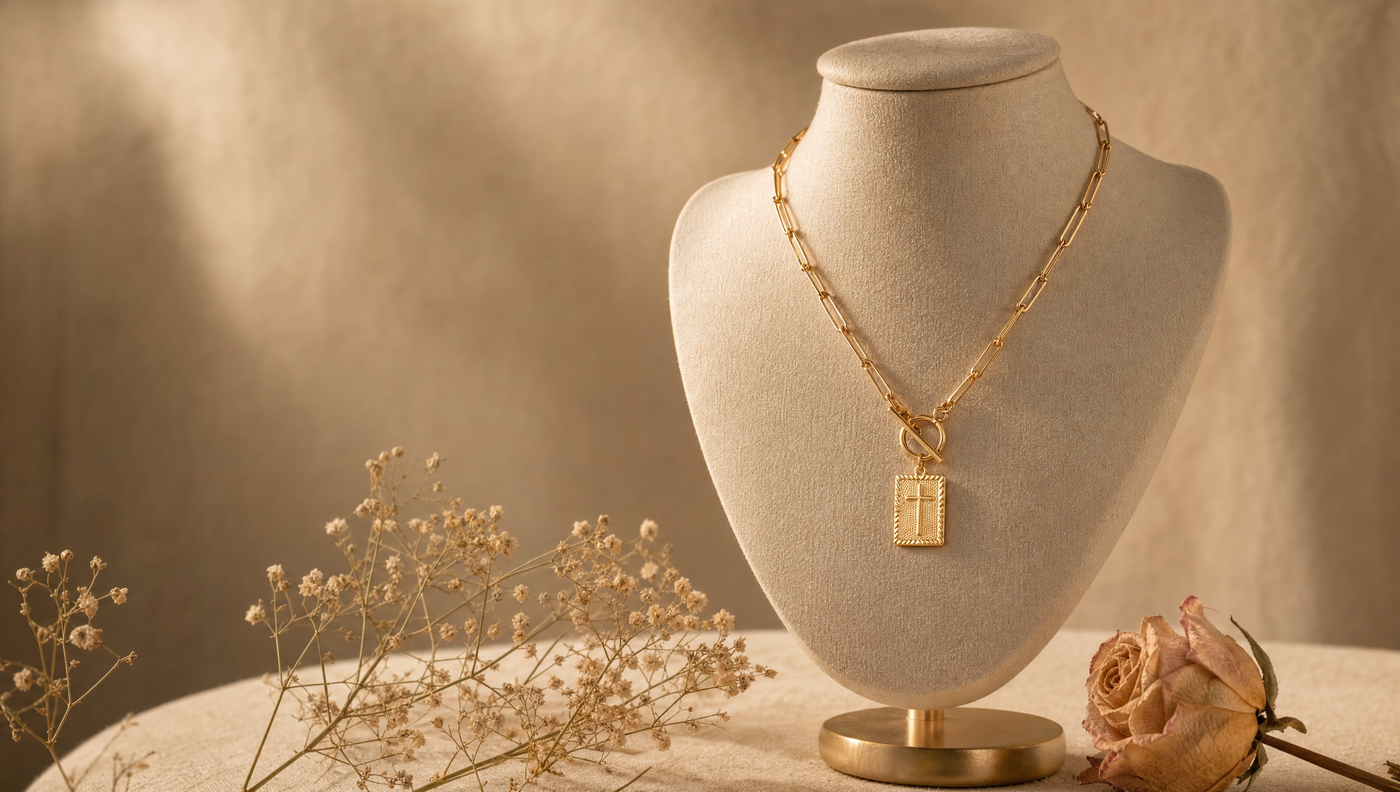 Toggle clasp — one-handed close.