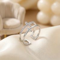 Silver faith ring double band crystal cross pavé adjustable 
open back close-up detail