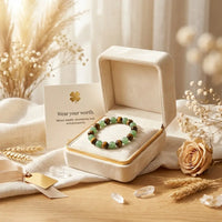 Fortune Attraction gemstone bracelet in cream 
velvet gift box with affirmation card — 
gift-ready manifestation abundance present