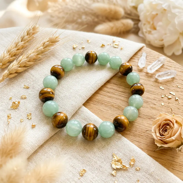 Fortune Attraction bracelet with green aventurine 
and tiger's eye gemstone beads on cream linen — 
manifestation abundance wealth mindset jewelry