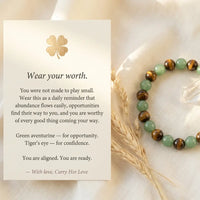 Wear your worth affirmation message card with 
Fortune Attraction gemstone bracelet — 
empowering abundance reminder for confidence 
and prosperity