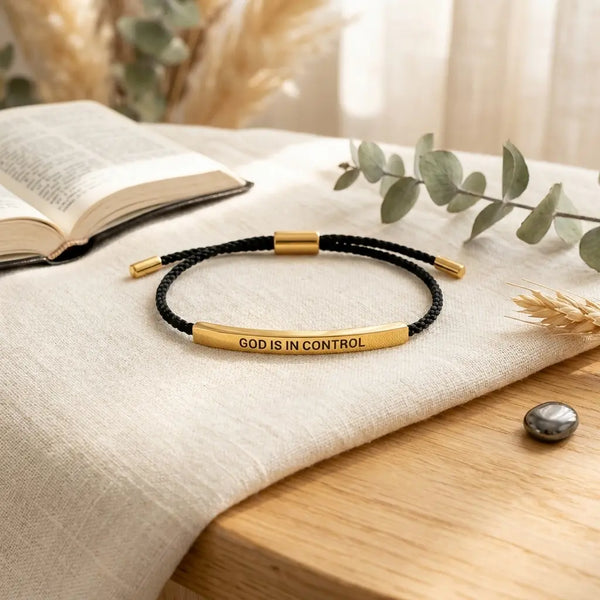 God Is In Control bracelet in black cord with 
gold engraved plate on cream linen — Christian 
faith bracelet with Bible