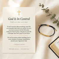 God Is In Control bracelet with Philippians 4:6 
scripture message card — heartfelt Christian 
faith reminder gift