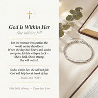 God Is Within Her affirmation message card with 
Psalm 46:5 scripture and silver bracelet — 
Christian women empowerment faith reminder gift