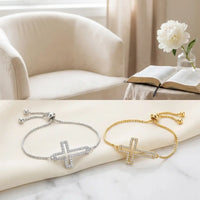 Hollowed out cross bracelet silver and gold color variants comparison side by side