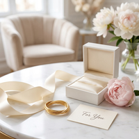 Gold three-band interlocked fidget ring with luxury gift 
box and silk ribbon flat lay presentation