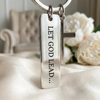 Let God Lead engraved silver plate close-up cross charm faith keychain quality detail