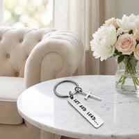 Let God Lead silver cross keychain marble luxury Christian faith gift hero