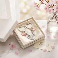 Mom and Daughter matching heart keychain set in luxury gift box with cherry blossom petals