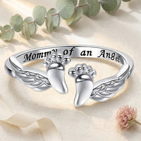Mommy of an Angel sterling silver ring open-
back adjustable band with angel wings and 
baby feet design — fits sizes 6 to 10