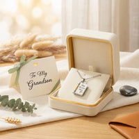 My Brave Boy book locket necklace in cream velvet 
gift box with To My Grandson card — gift-ready 
sentimental present from grandma