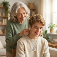 Grandma fastening My Brave Boy necklace on 
grandson's neck — tender generational love gift 
moment between grandmother and grandson