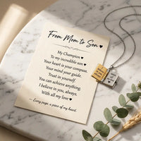 From Mom to Son message card revealing seven 
heartfelt pages inside My Champion book locket 
necklace — sentimental gift message