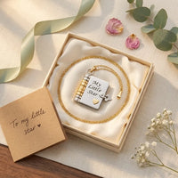 My Little Star book locket necklace in cream 
gift box with To My Little Star handwritten 
card — gift-ready daughter keepsake from 
CarryHerLove