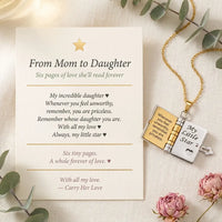 From Mom to Daughter message card revealing 
six engraved pages inside My Little Star 
book locket necklace — meaningful sentimental 
mother daughter gift