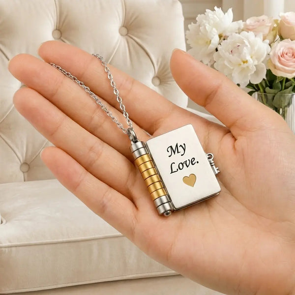 My Love book locket necklace closed cover silver 
gold heart engraving partner couple gift
