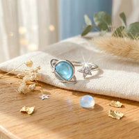 Star and Moon ring for daughter in silver with 
blue moonstone planet and crystal star — 
celestial sentimental gift from mom