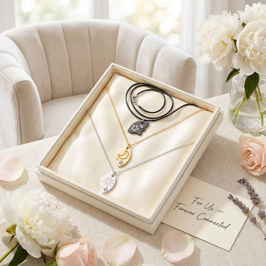 Three pendants — sun, moon, star — magnetically click together.