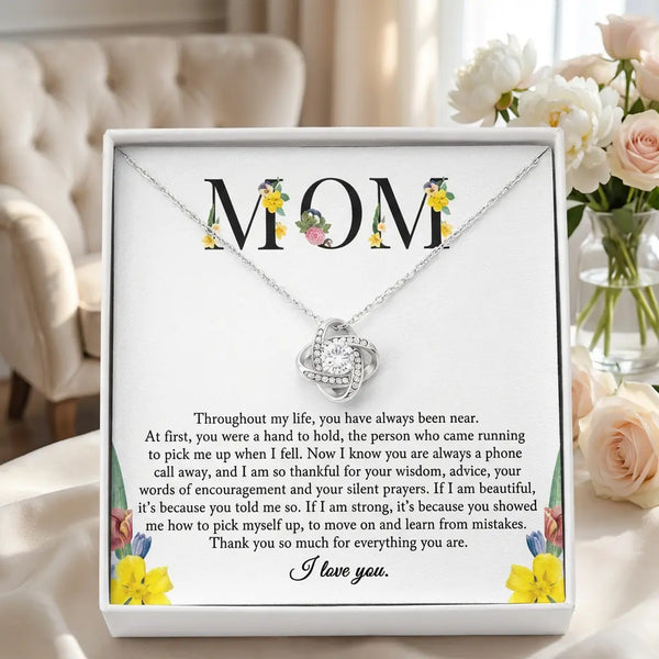 To My Mom Love Knot necklace with floral MOM message 
card in luxury gift box silver pendant